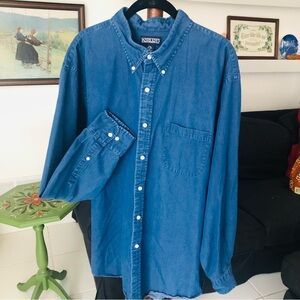 Land’s End blue denim button down long sleeved shirt.  2XL 18-18 1/2 Big.
